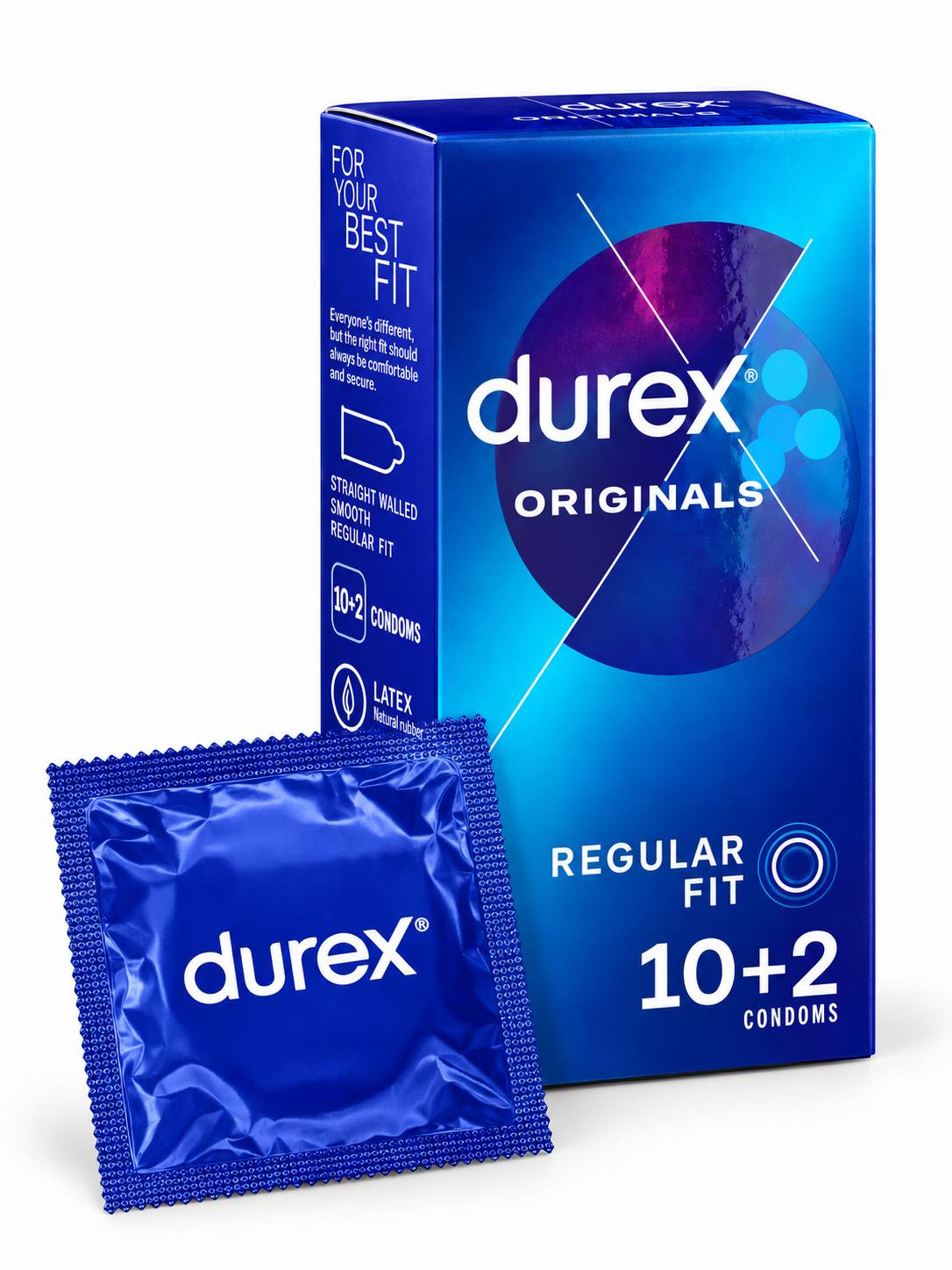Durex Originals condoms 10+2 pack in blue box and condom foil displayed. Available for purchase at condomsales.