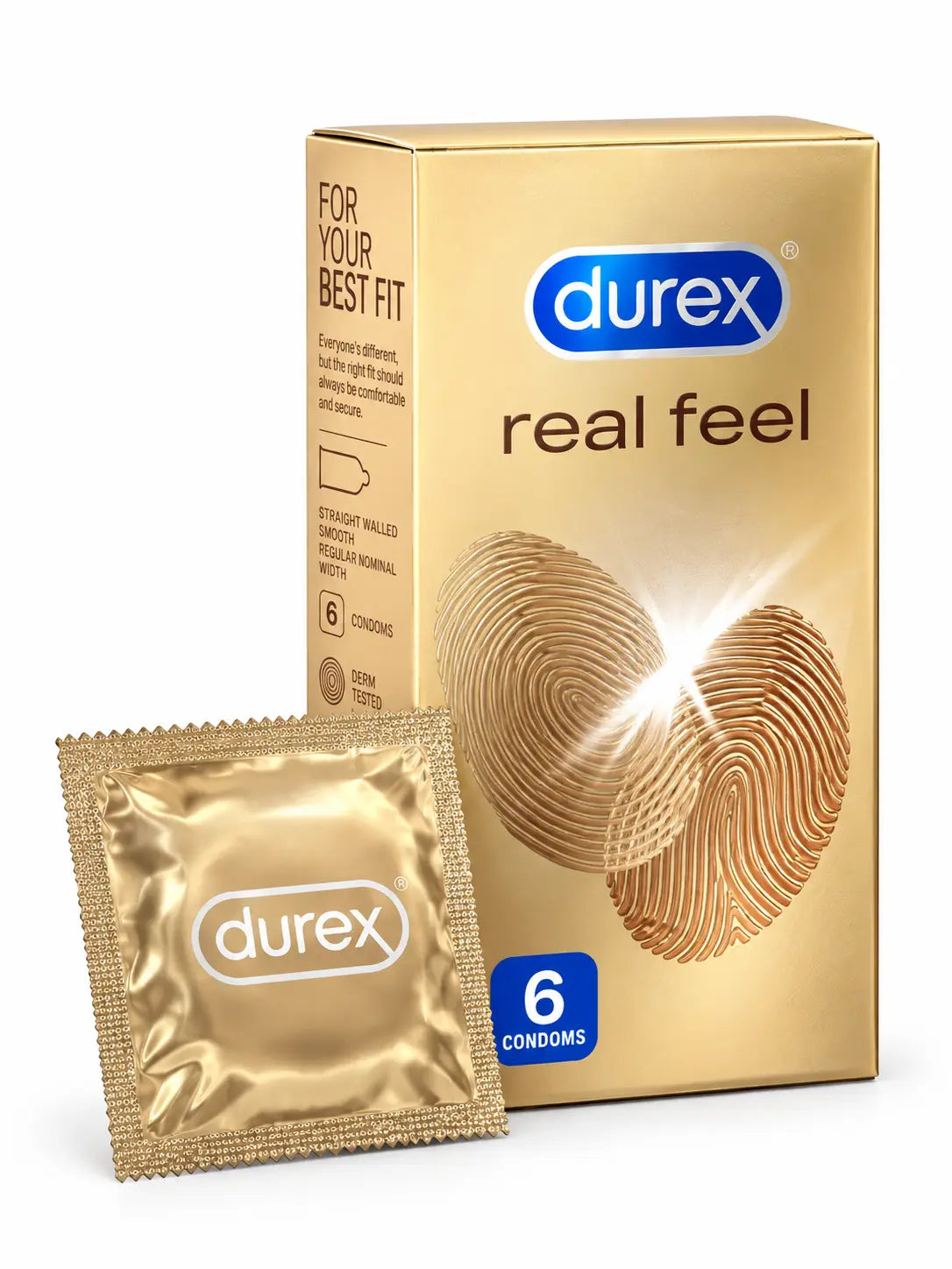 Durex Real Feel condoms 6 pack with gold foil displayed. Also suitable for medical ultrasound. Available for purchase at condomsales.