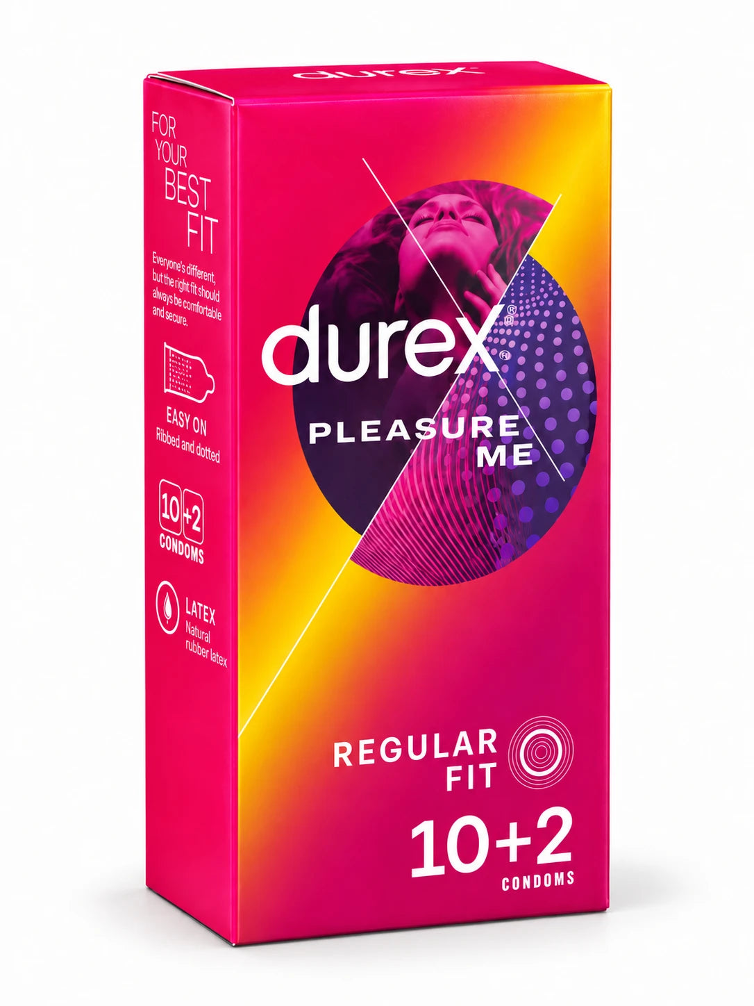 Durex Please Me condoms 10 pack with 2 condoms free. Dotted and ribbed for extra stimulation and available at CondomSales.