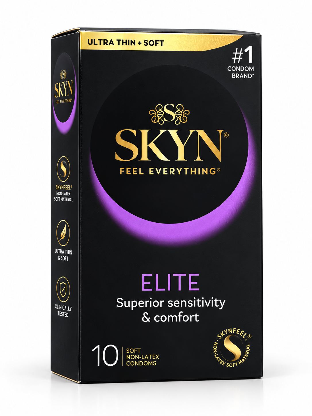 SKYN condoms Elite (non-latex) pack of 10 in purple and black box.
