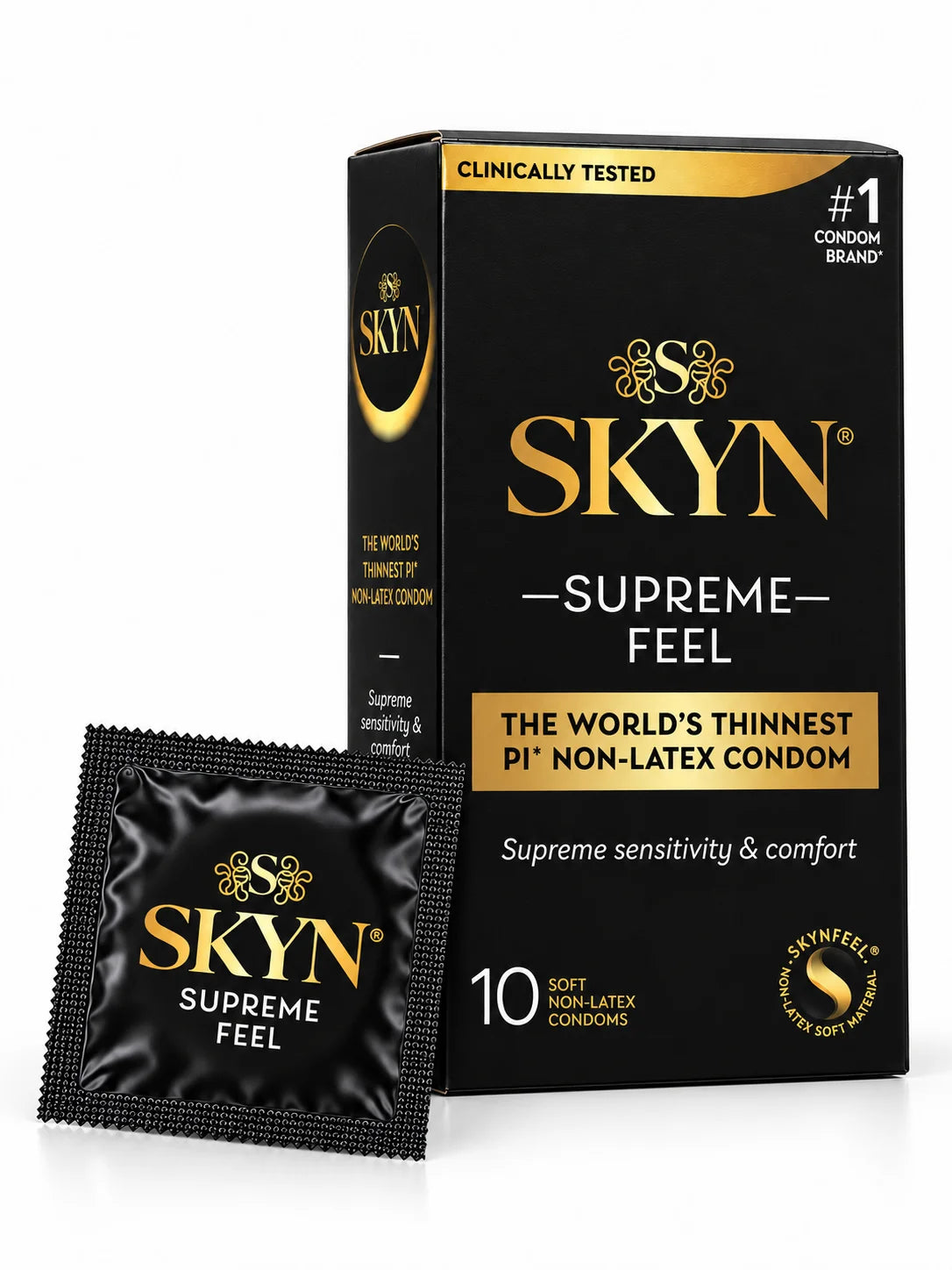 A box of SKYN Supreme Feel condoms 10 pack, latex-free with condom foil displayed.