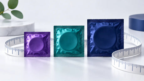 Three condom sizes with a measuring tape representing Durex Intense Close Fit, Regular and XL