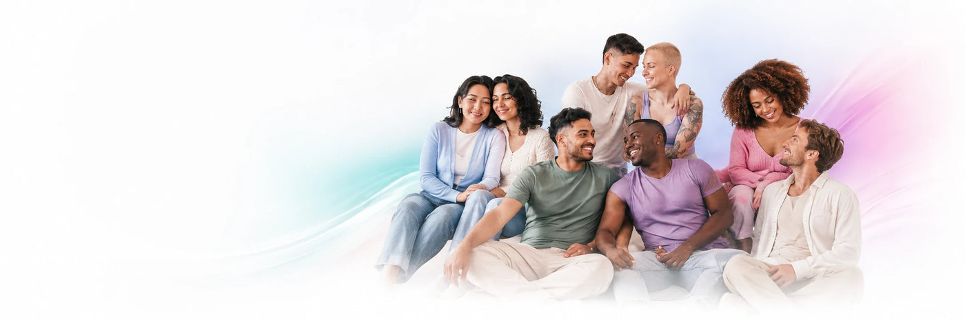 A group of seven diverse adults and children sitting together on a white cloud-like form against a bright white background with soft pastel blue and pink light effects.