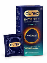 Durex Intense Close Fit condoms 10 pack. A condom designed for people allergic to latex. Foil/sachet shown in the image.