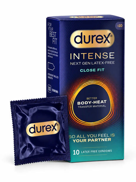 Durex Intense Close Fit condoms 10 pack. A condom designed for people allergic to latex. Foil/sachet shown in the image.