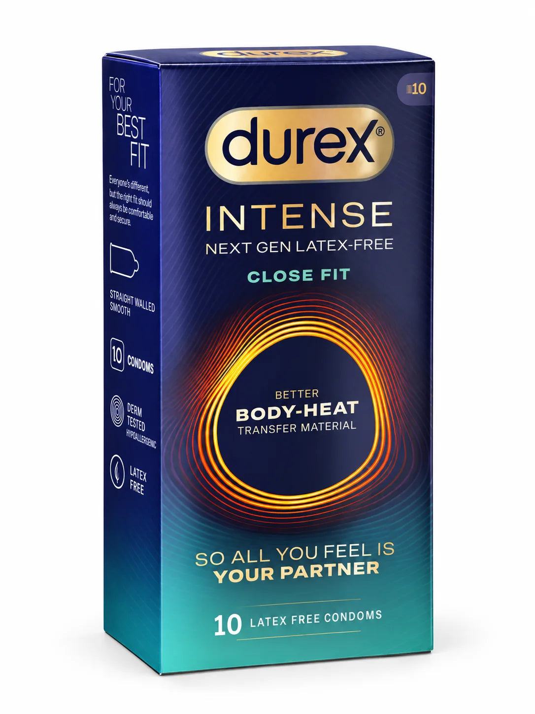 Durex Intense Close Fit condoms in a 10 pack. Latex free condom for allergy sufferers.
