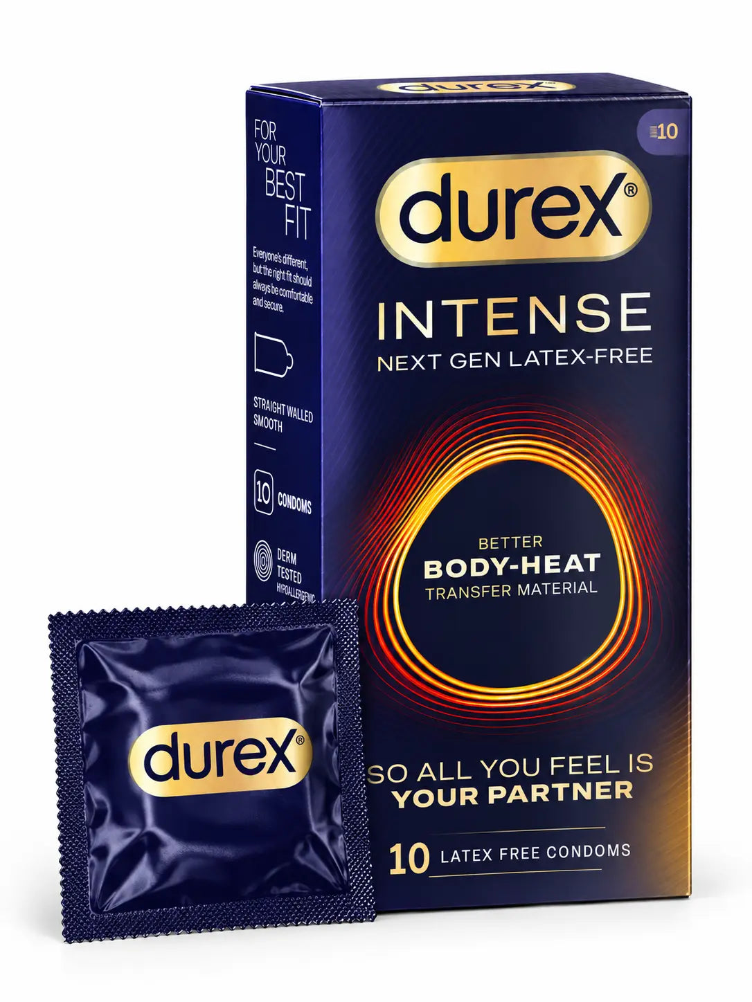 Durex Intense regular sized condoms in a box of 10, latex-free, with foil sachet