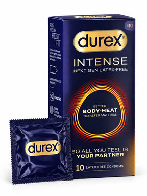 Durex Intense regular sized condoms in a box of 10, latex-free, with foil sachet