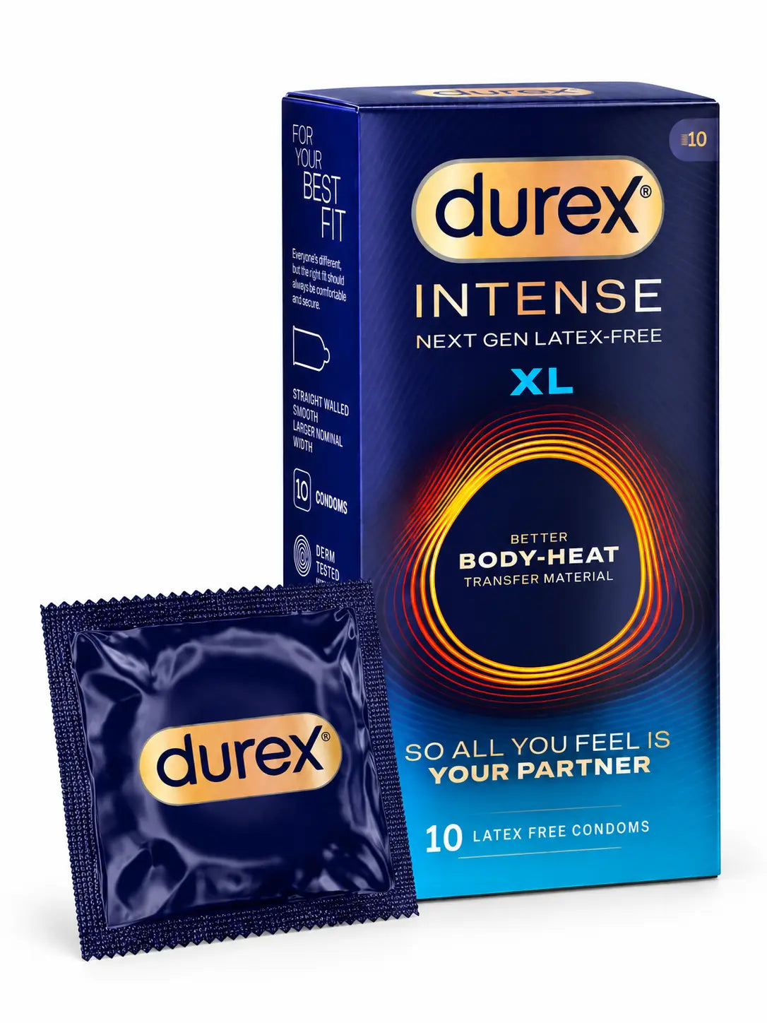 Durex Intense XL sized condoms with sachet shown. Non-latex condom for allergy sufferers.