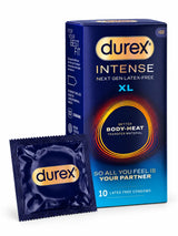 Durex Intense XL sized condoms with sachet shown. Non-latex condom for allergy sufferers.