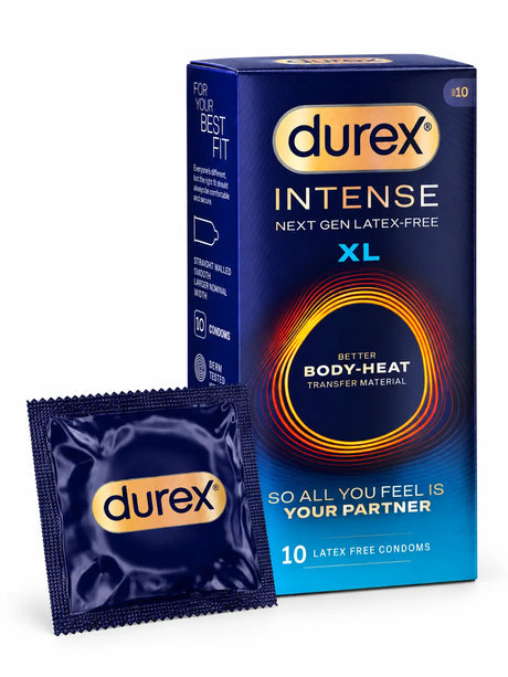 Durex Intense XL sized condoms with sachet shown. Non-latex condom for allergy sufferers.