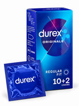 Durex Originals condoms 10+2 pack in blue box and condom foil displayed. Available for purchase at condomsales.