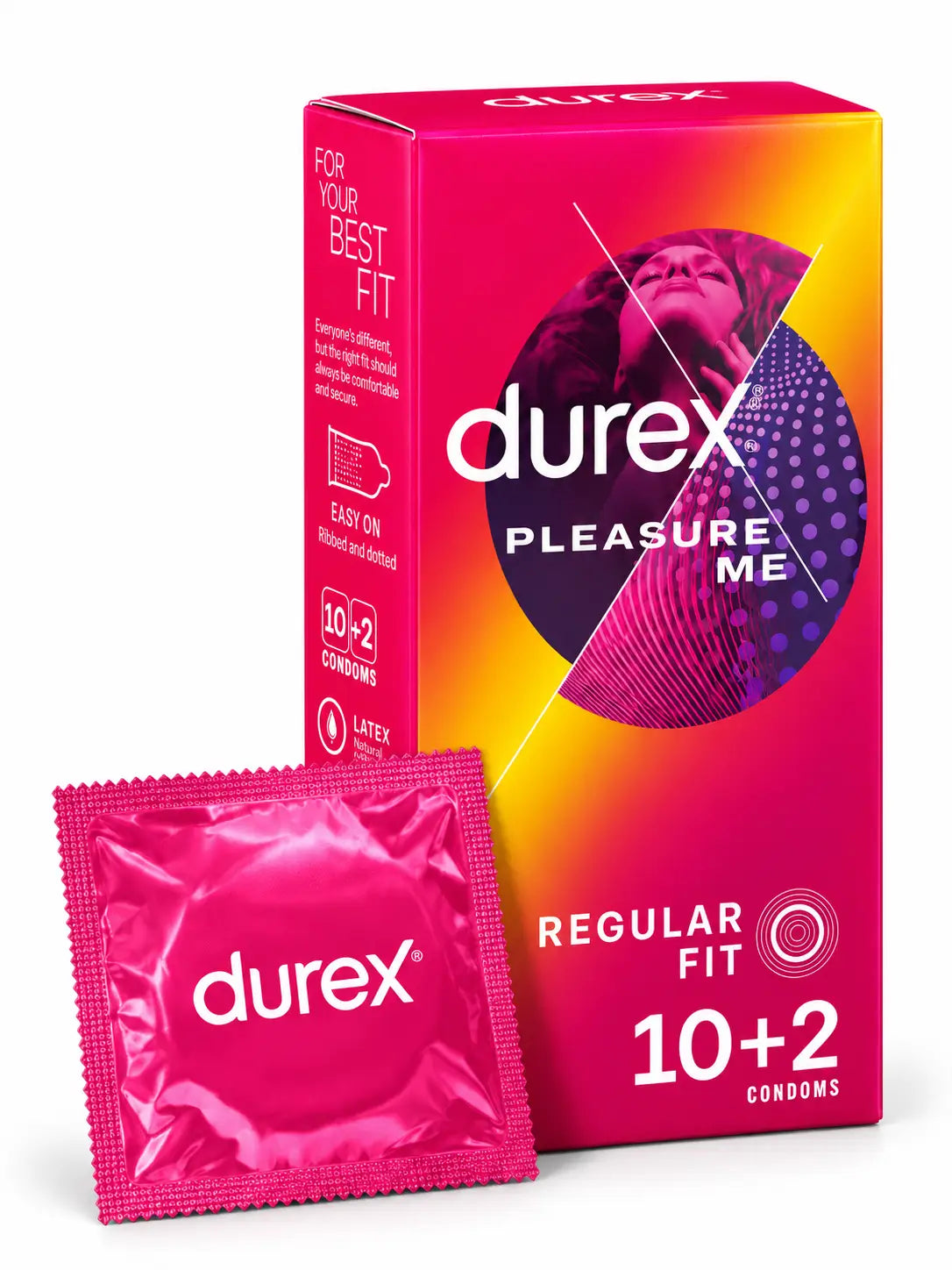 Durex Pleasure Me condoms 10+2 pack in a pink box with condom foil showing. For sale at CondomSales.