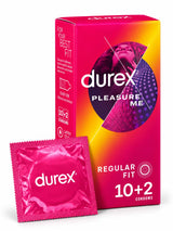 Durex Pleasure Me condoms 10+2 pack in a pink box with condom foil showing. For sale at CondomSales.