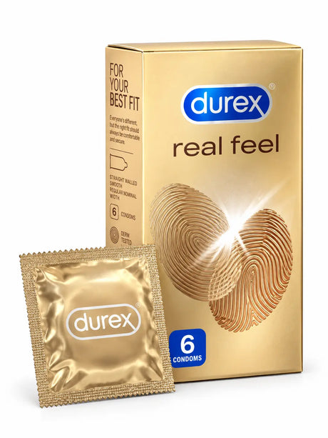 Durex Real Feel condoms 6 pack with gold foil displayed. Also suitable for medical ultrasound. Available for purchase at condomsales.