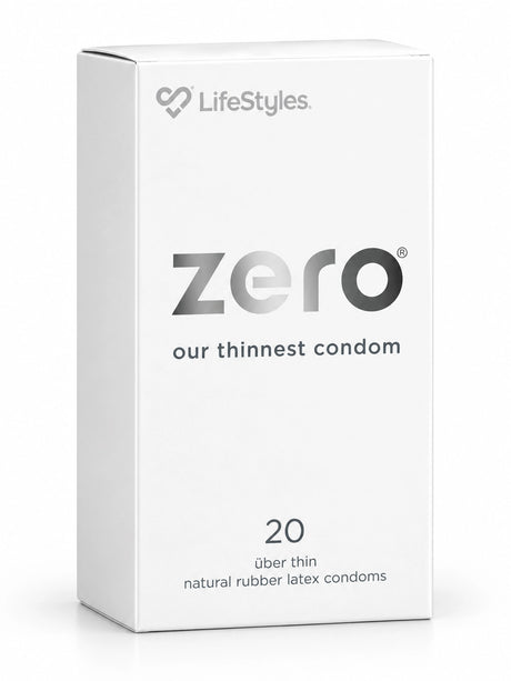 Ansell Lifestyles Zero condoms 20 pack box image. Australia's thinnest condom.