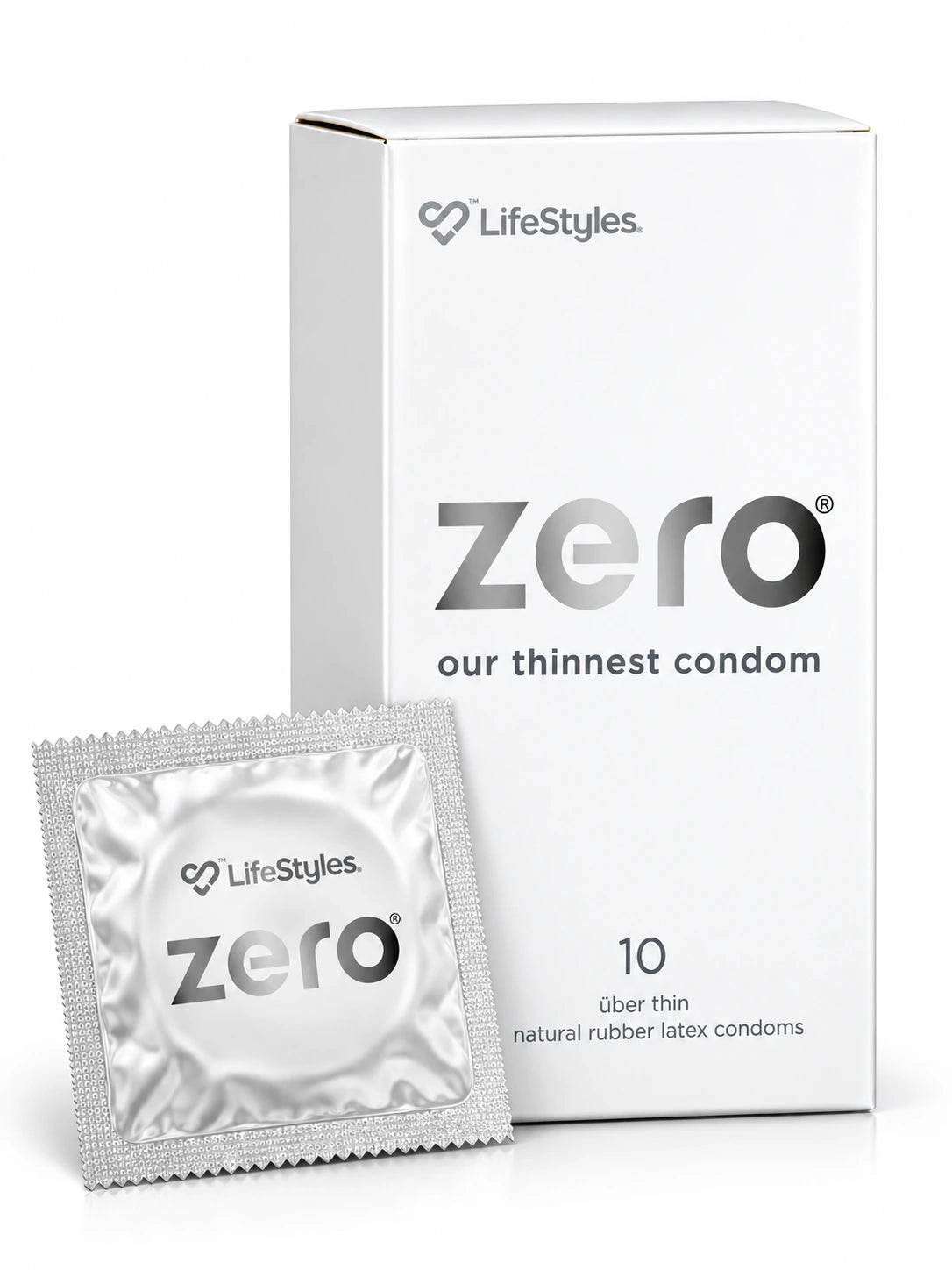 Lifestyles Zero condoms 10 pack with silver condom foil.