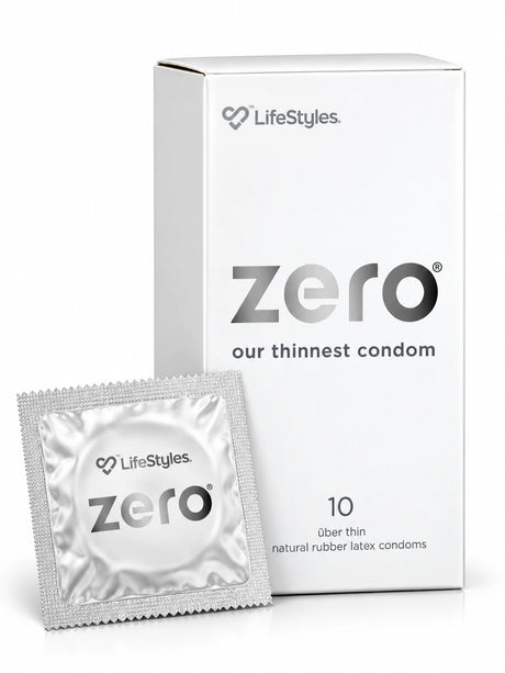 Lifestyles Zero condoms 10 pack with silver condom foil.