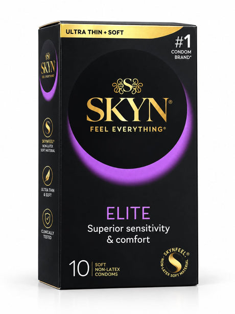 SKYN condoms Elite (non-latex) pack of 10 in purple and black box.