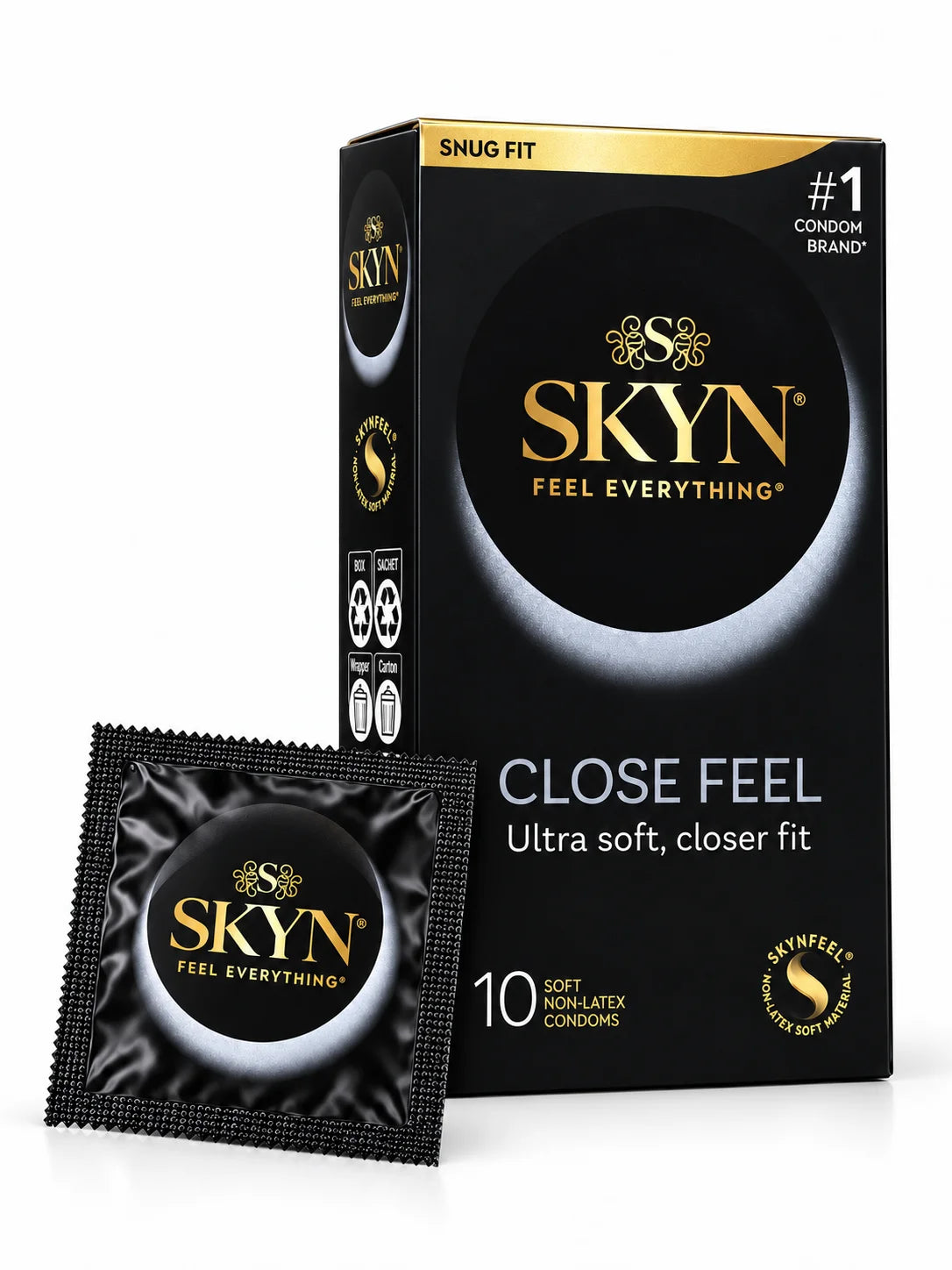 A box of SKYN non-latex Close Feel condoms 10 pack with condoms sachet displayed.