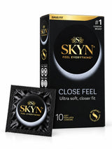 A box of SKYN non-latex Close Feel condoms 10 pack with condoms sachet displayed.