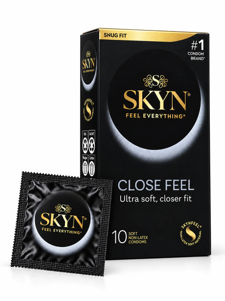 A box of SKYN non-latex Close Feel condoms 10 pack with condoms sachet displayed.