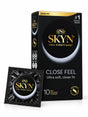 A box of SKYN non-latex Close Feel condoms 10 pack with condoms sachet displayed.