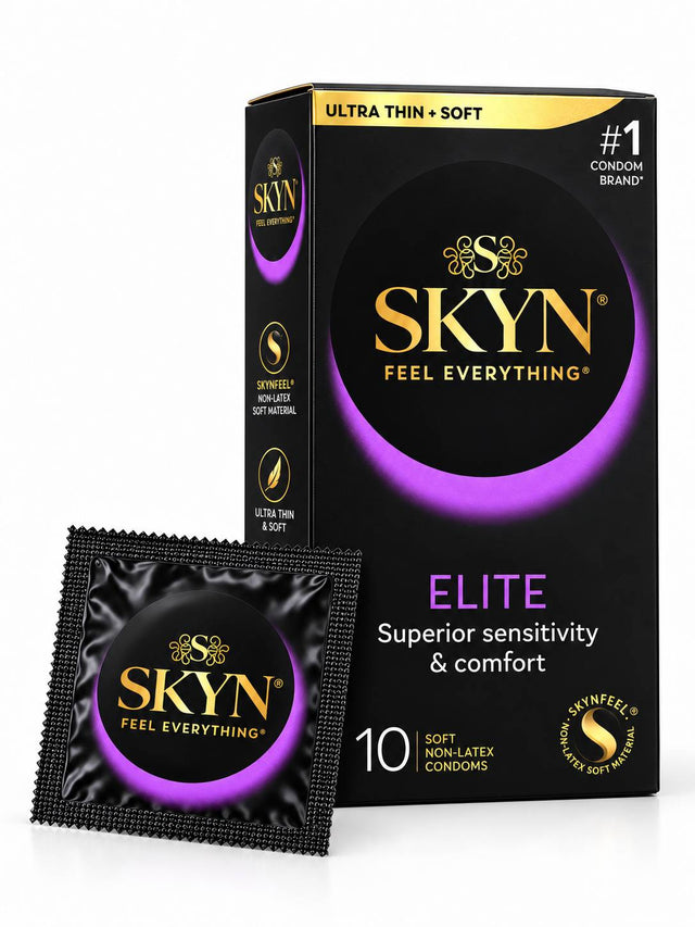 A box of SKYN Elite condoms 10 pack with purple and black condom sachet displayed.