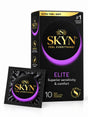 A box of SKYN Elite condoms 10 pack with purple and black condom sachet displayed.