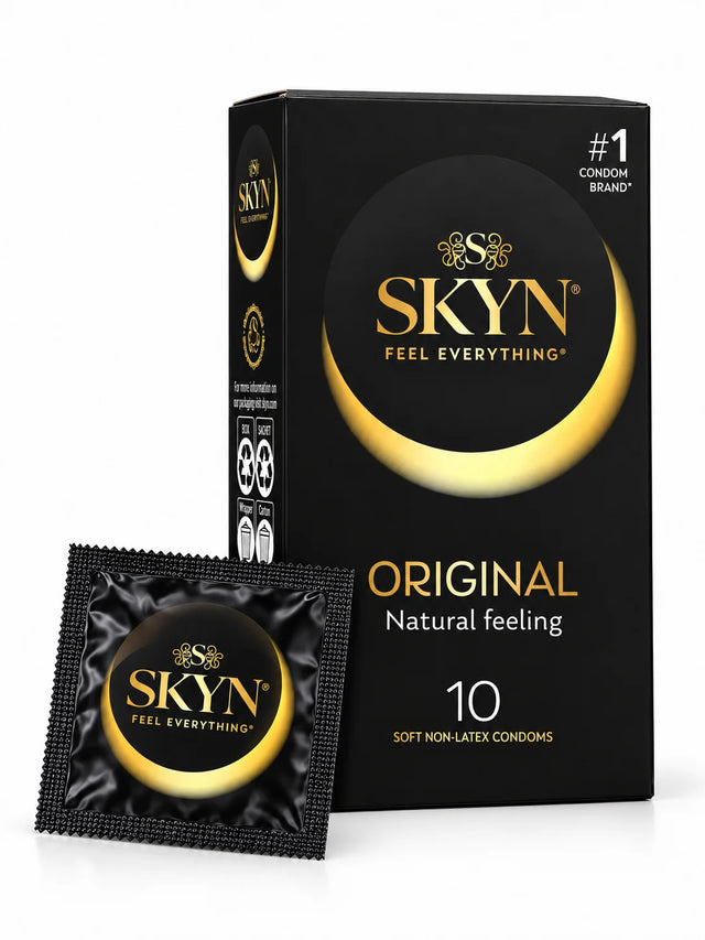 Box of SKYN Original condoms 10 pack with sachet