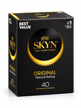 A box of SKYN Original natural feeling condoms. 40 pack featuring a black and gold design with the brand name 'SKYN' and 'ORIGINAL' clearly visible on the front.
