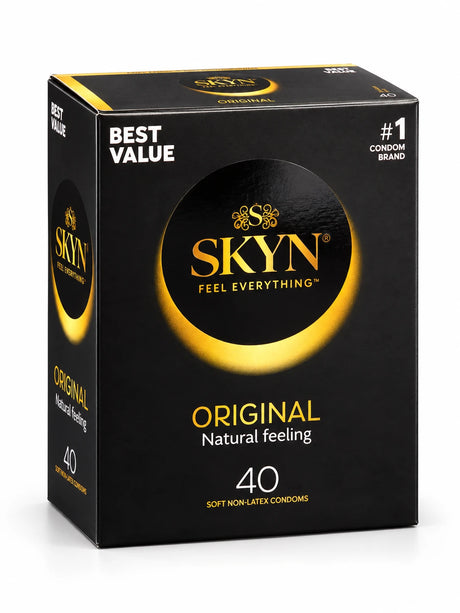 A box of SKYN Original natural feeling condoms. 40 pack featuring a black and gold design with the brand name 'SKYN' and 'ORIGINAL' clearly visible on the front.