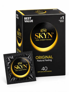 A box of SKYN Original natural feeling condoms. 40 pack featuring a black and gold design with the brand name 'SKYN' and 'ORIGINAL' clearly visible on the front with the condom foil.