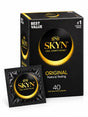 A box of SKYN Original natural feeling condoms. 40 pack featuring a black and gold design with the brand name 'SKYN' and 'ORIGINAL' clearly visible on the front with the condom foil.