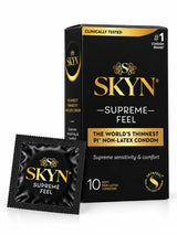 A box of SKYN Supreme Feel condoms 10 pack, latex-free with condom foil displayed.