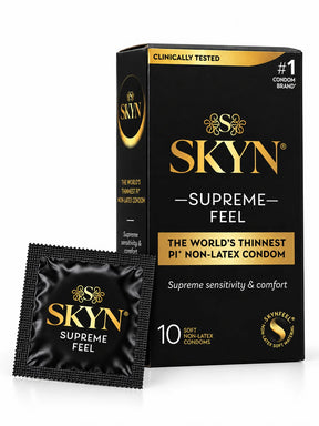 A box of SKYN Supreme Feel condoms 10 pack, latex-free with condom foil displayed.