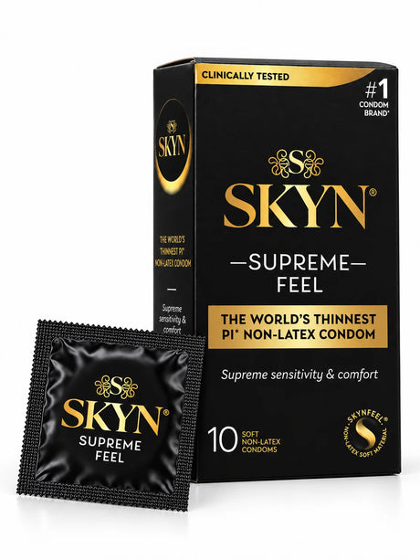 A box of SKYN Supreme Feel condoms 10 pack, latex-free with condom foil displayed.