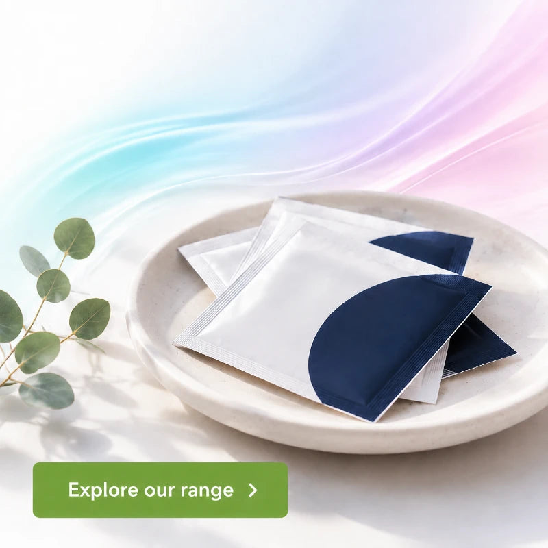 Three silver oral dental dams from CondomSales with dark blue crescent-shaped patches resting on a round white ceramic plate, styled with a green eucalyptus sprig and a green 'Explore our range' button against a soft pastel blue, purple, and pink background.