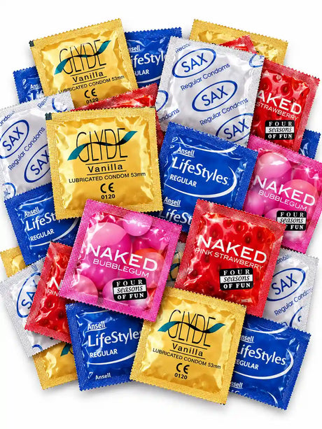 An assortment of condoms in a 24 pack from condomsales
