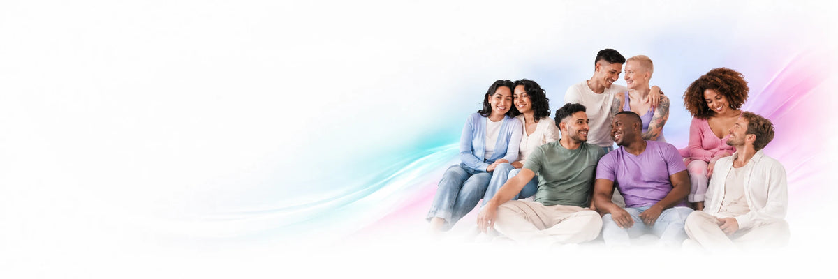 A group of seven diverse adults and children sitting together on a white cloud-like form against a bright white background with soft pastel blue and pink light effects.
