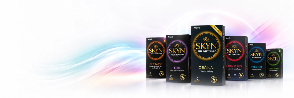 A lineup of Ansell SKYN Condoms in various sizes and flavours, including Original, Large, and Elite, displayed on a clean white background with soft pastel rainbow wave accents.