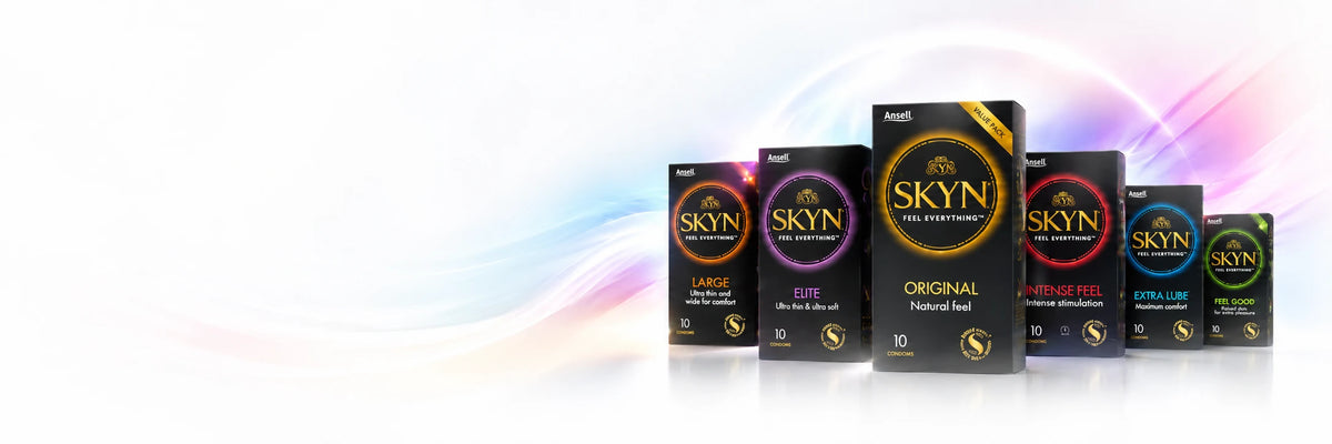 A lineup of Ansell SKYN Condoms in various sizes and flavours, including Original, Large, and Elite, displayed on a clean white background with soft pastel rainbow wave accents.