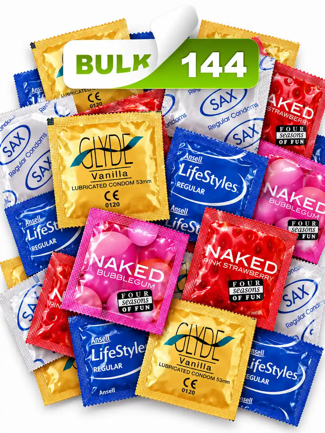 An assortment of condoms in a bulk box of 144 from condomsalesaustralia